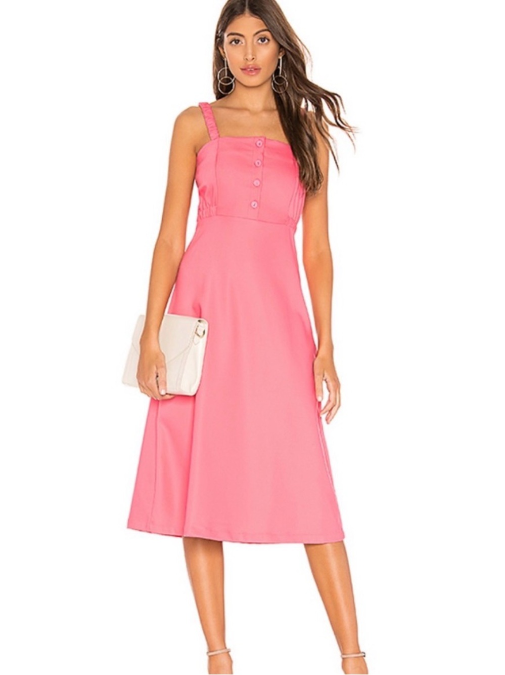 NWOT L'Academie Pink Square-Neck Midi Dress with Button Front